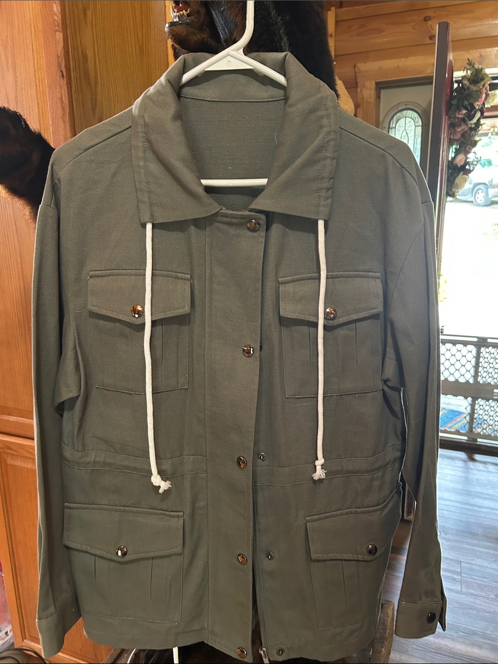 Women Olive Green Utility Jacket with Drawstring Hood